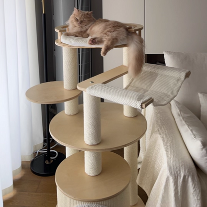 Contemporary Scandinavian Round Multi-Layer Solid Wood Panel Particleboard Fiberboard Velvet Fabric Paper Rope Paper Tube Cat Tree 5-Tier For Living Room