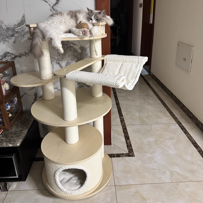 Contemporary Scandinavian Round Multi-Layer Solid Wood Panel Particleboard Fiberboard Velvet Fabric Paper Rope Paper Tube Cat Tree 5-Tier For Living Room