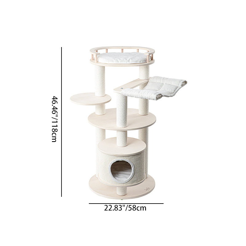 Contemporary Scandinavian Round Multi-Layer Solid Wood Panel Particleboard Fiberboard Velvet Fabric Paper Rope Paper Tube Cat Tree 5-Tier For Living Room