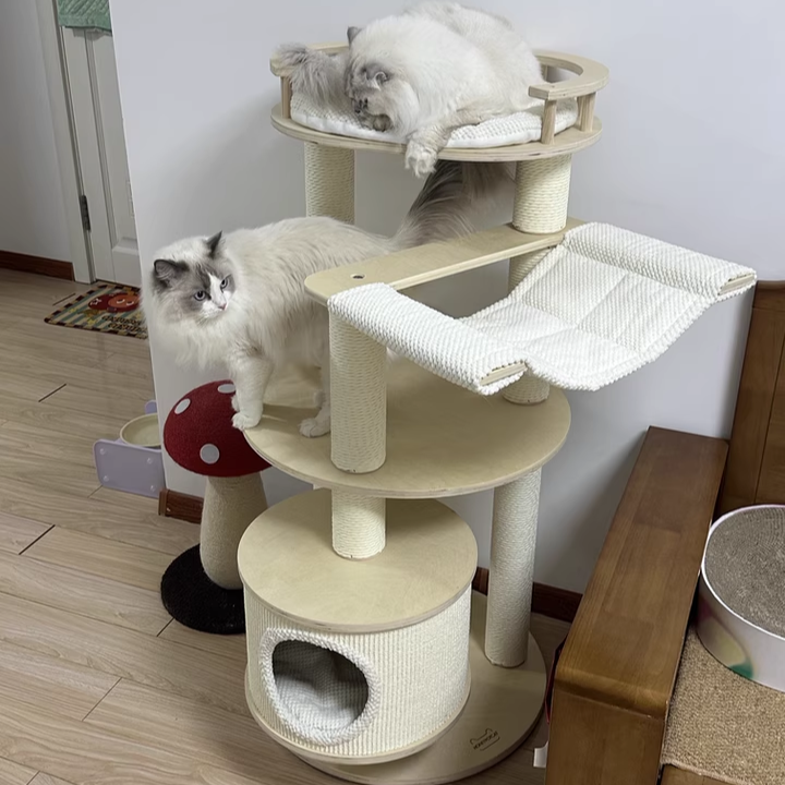 Contemporary Scandinavian Round Multi-Layer Solid Wood Panel Particleboard Fiberboard Velvet Fabric Paper Rope Paper Tube Cat Tree 5-Tier For Living Room