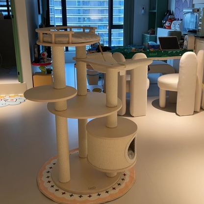 Contemporary Scandinavian Round Multi-Layer Solid Wood Panel Particleboard Fiberboard Velvet Fabric Paper Rope Paper Tube Cat Tree 5-Tier For Living Room