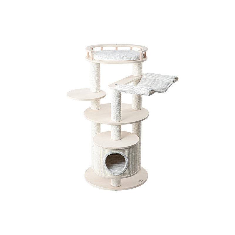 Contemporary Scandinavian Round Multi-Layer Solid Wood Panel Particleboard Fiberboard Velvet Fabric Paper Rope Paper Tube Cat Tree 5-Tier For Living Room
