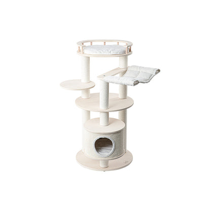 Contemporary Scandinavian Round Multi-Layer Solid Wood Panel Particleboard Fiberboard Velvet Fabric Paper Rope Paper Tube Cat Tree 5-Tier For Living Room