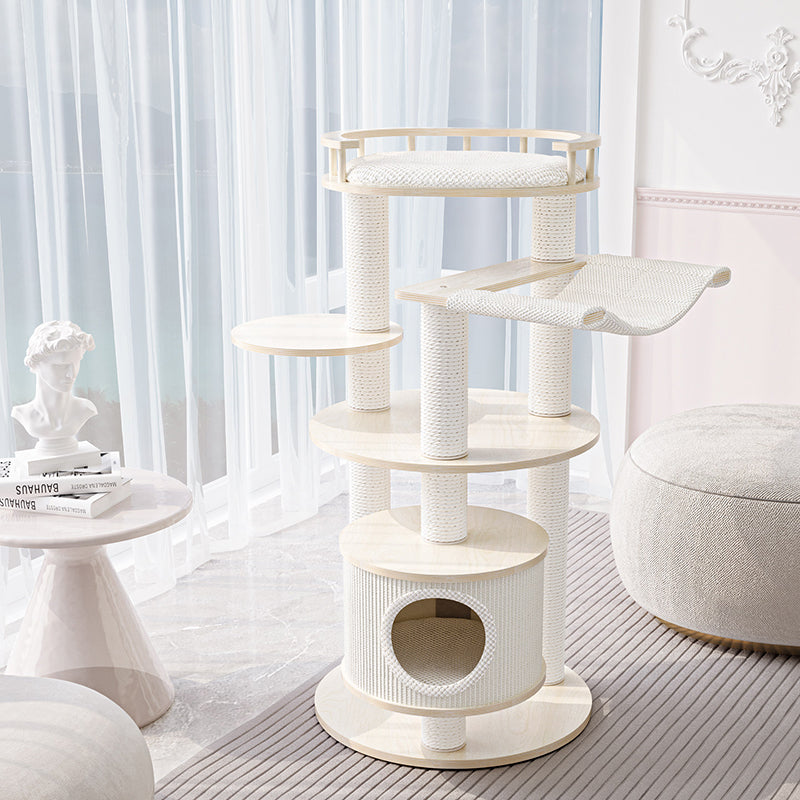 Contemporary Scandinavian Round Multi-Layer Solid Wood Panel Particleboard Fiberboard Velvet Fabric Paper Rope Paper Tube Cat Tree 5-Tier For Living Room