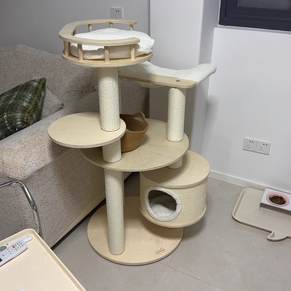 Contemporary Scandinavian Round Multi-Layer Solid Wood Panel Particleboard Fiberboard Velvet Fabric Paper Rope Paper Tube Cat Tree 5-Tier For Living Room