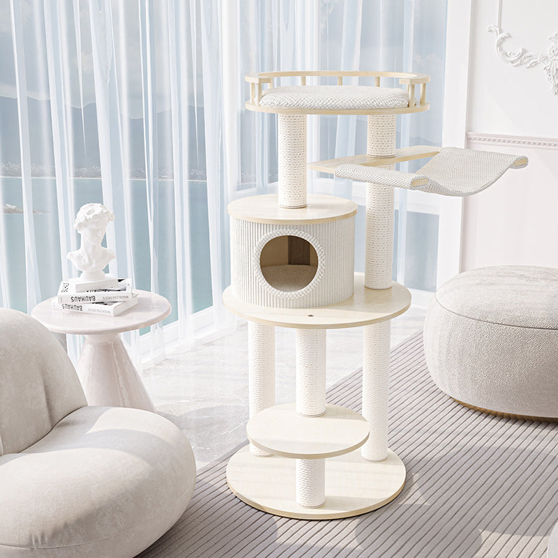 Contemporary Scandinavian Round Multi-Layer Solid Wood Panel Particleboard Fiberboard Velvet Fabric Paper Rope Paper Tube Cat Tree 5-Tier For Living Room