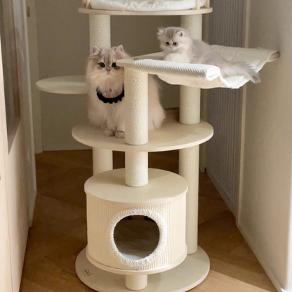 Contemporary Scandinavian Round Multi-Layer Solid Wood Panel Particleboard Fiberboard Velvet Fabric Paper Rope Paper Tube Cat Tree 5-Tier For Living Room