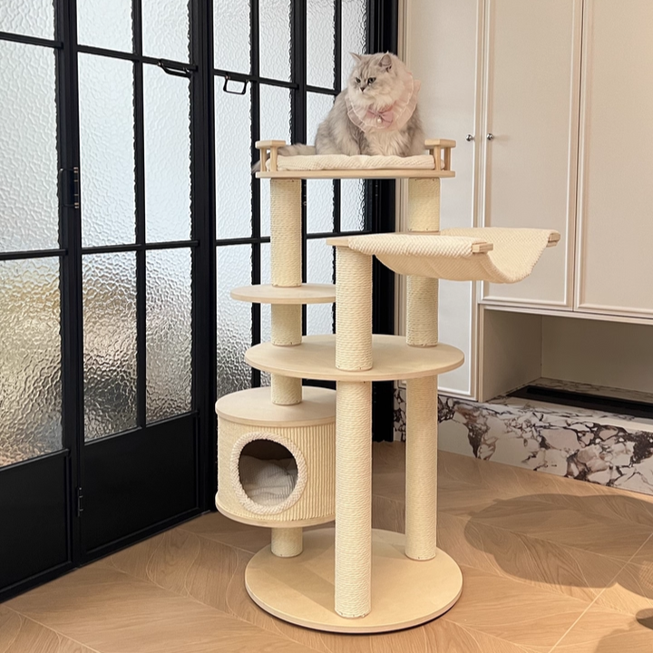 Contemporary Scandinavian Round Multi-Layer Solid Wood Panel Particleboard Fiberboard Velvet Fabric Paper Rope Paper Tube Cat Tree 5-Tier For Living Room
