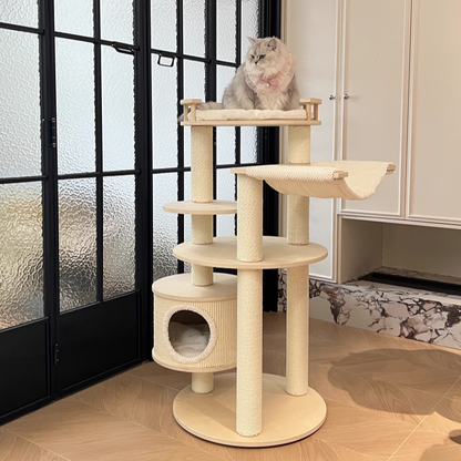 Contemporary Scandinavian Round Multi-Layer Solid Wood Panel Particleboard Fiberboard Velvet Fabric Paper Rope Paper Tube Cat Tree 5-Tier For Living Room