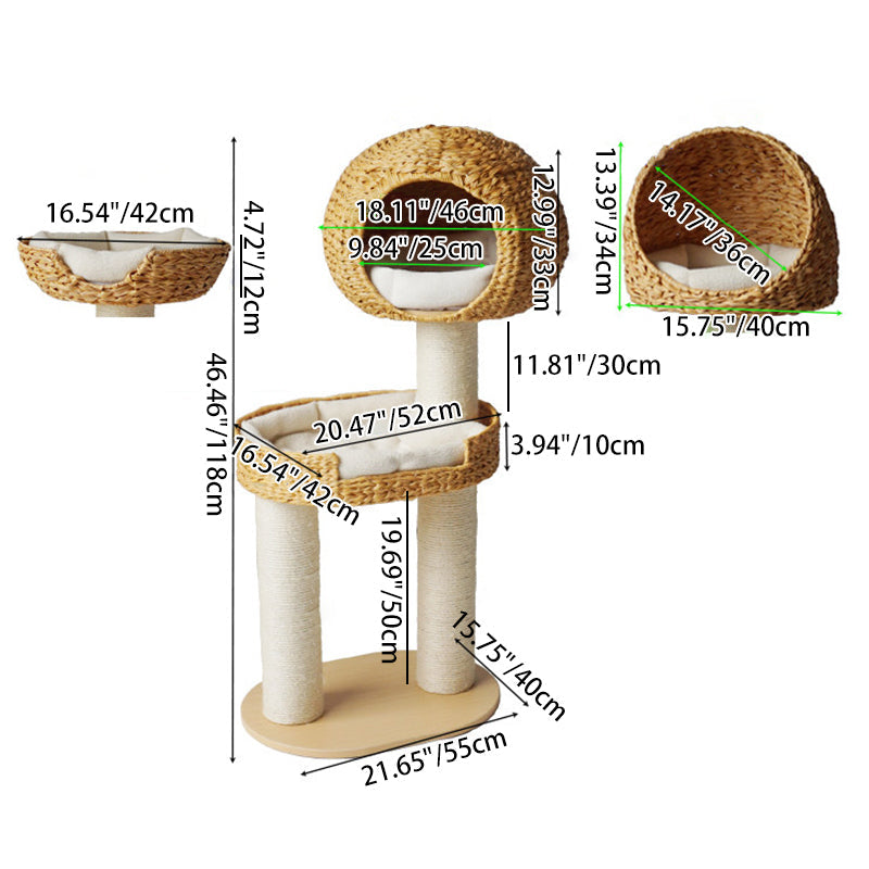 Traditional Farmhouse Round Multi-Layer Solid Wood Panel PE Faux Rattan Kraft Paper Rope Velvet Fabric Sisal Cat Tree 3-Tier For Living Room