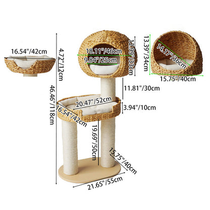 Traditional Farmhouse Round Multi-Layer Solid Wood Panel PE Faux Rattan Kraft Paper Rope Velvet Fabric Sisal Cat Tree 3-Tier For Living Room