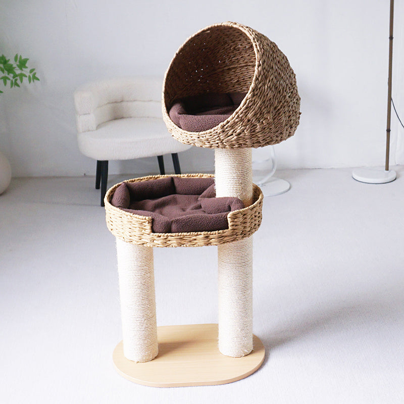 Traditional Farmhouse Round Multi-Layer Solid Wood Panel PE Faux Rattan Kraft Paper Rope Velvet Fabric Sisal Cat Tree 3-Tier For Living Room