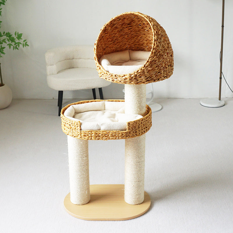 Traditional Farmhouse Round Multi-Layer Solid Wood Panel PE Faux Rattan Kraft Paper Rope Velvet Fabric Sisal Cat Tree 3-Tier For Living Room