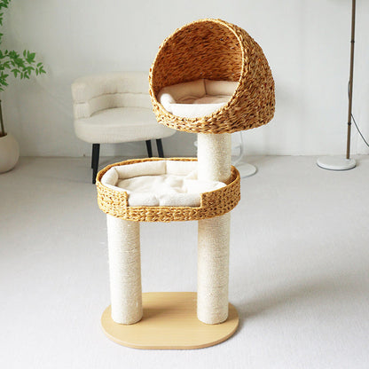Traditional Farmhouse Round Multi-Layer Solid Wood Panel PE Faux Rattan Kraft Paper Rope Velvet Fabric Sisal Cat Tree 3-Tier For Living Room