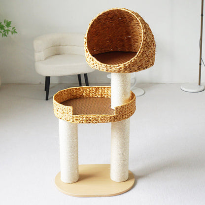 Traditional Farmhouse Round Multi-Layer Solid Wood Panel PE Faux Rattan Kraft Paper Rope Velvet Fabric Sisal Cat Tree 3-Tier For Living Room