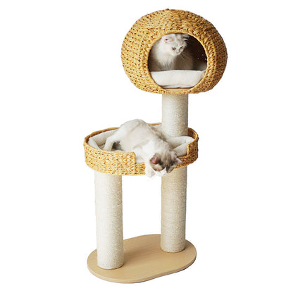 Traditional Farmhouse Round Multi-Layer Solid Wood Panel PE Faux Rattan Kraft Paper Rope Velvet Fabric Sisal Cat Tree 3-Tier For Living Room