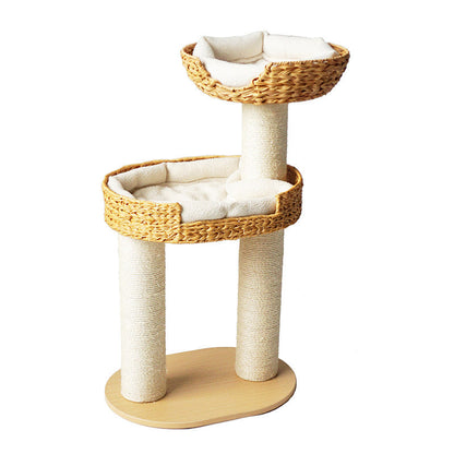 Traditional Farmhouse Round Multi-Layer Solid Wood Panel PE Faux Rattan Kraft Paper Rope Velvet Fabric Sisal Cat Tree 3-Tier For Living Room