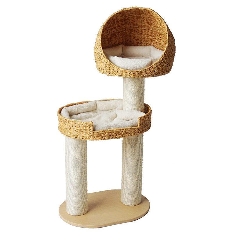 Traditional Farmhouse Round Multi-Layer Solid Wood Panel PE Faux Rattan Kraft Paper Rope Velvet Fabric Sisal Cat Tree 3-Tier For Living Room