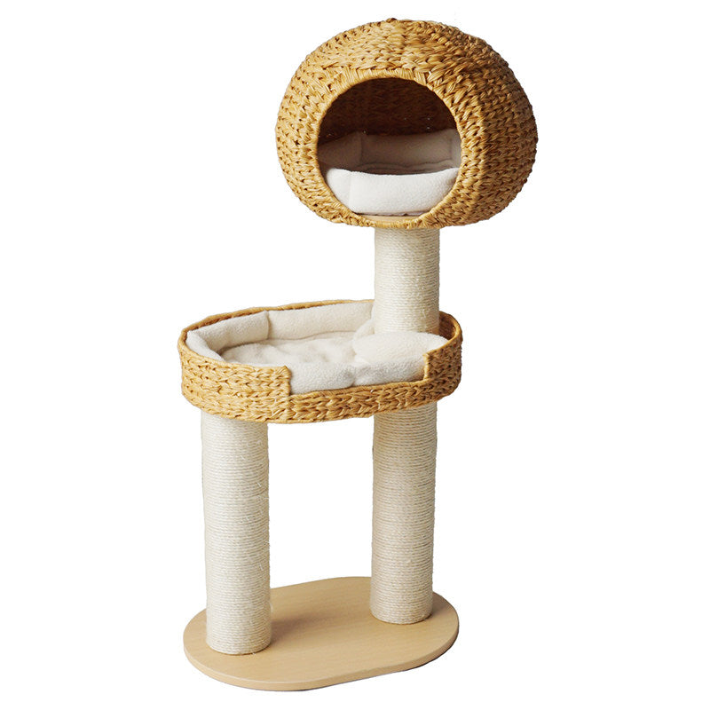 Traditional Farmhouse Round Multi-Layer Solid Wood Panel PE Faux Rattan Kraft Paper Rope Velvet Fabric Sisal Cat Tree 3-Tier For Living Room