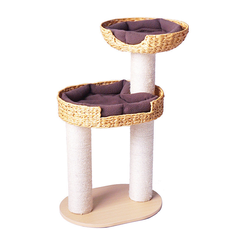 Traditional Farmhouse Round Multi-Layer Solid Wood Panel PE Faux Rattan Kraft Paper Rope Velvet Fabric Sisal Cat Tree 3-Tier For Living Room