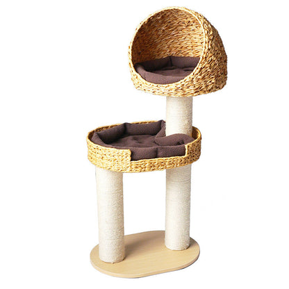Traditional Farmhouse Round Multi-Layer Solid Wood Panel PE Faux Rattan Kraft Paper Rope Velvet Fabric Sisal Cat Tree 3-Tier For Living Room