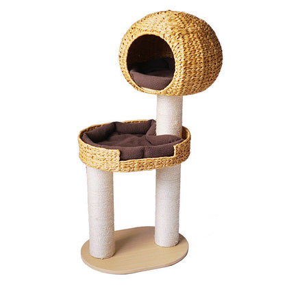 Traditional Farmhouse Round Multi-Layer Solid Wood Panel PE Faux Rattan Kraft Paper Rope Velvet Fabric Sisal Cat Tree 3-Tier For Living Room