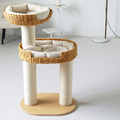 Traditional Farmhouse Round Multi-Layer Solid Wood Panel PE Faux Rattan Kraft Paper Rope Velvet Fabric Sisal Cat Tree 3-Tier For Living Room