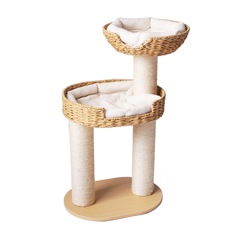 Traditional Farmhouse Round Multi-Layer Solid Wood Panel PE Faux Rattan Kraft Paper Rope Velvet Fabric Sisal Cat Tree 3-Tier For Living Room