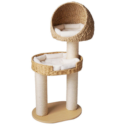 Traditional Farmhouse Round Multi-Layer Solid Wood Panel PE Faux Rattan Kraft Paper Rope Velvet Fabric Sisal Cat Tree 3-Tier For Living Room