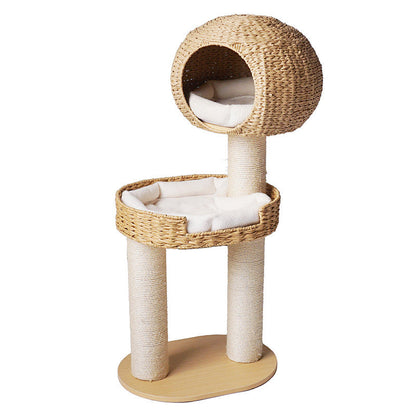 Traditional Farmhouse Round Multi-Layer Solid Wood Panel PE Faux Rattan Kraft Paper Rope Velvet Fabric Sisal Cat Tree 3-Tier For Living Room