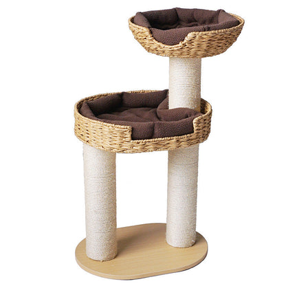 Traditional Farmhouse Round Multi-Layer Solid Wood Panel PE Faux Rattan Kraft Paper Rope Velvet Fabric Sisal Cat Tree 3-Tier For Living Room