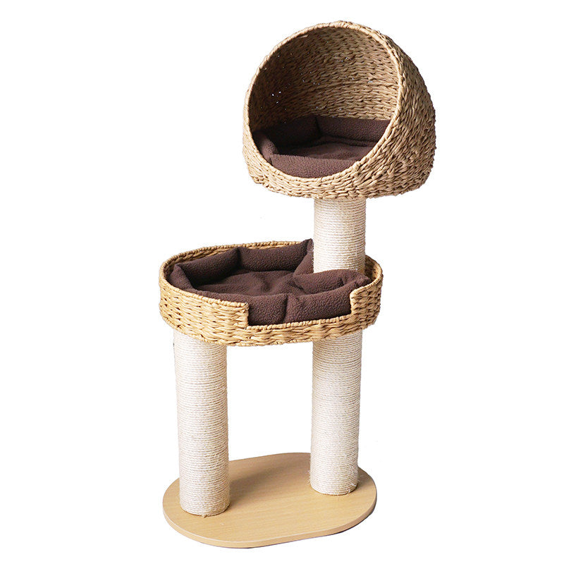 Traditional Farmhouse Round Multi-Layer Solid Wood Panel PE Faux Rattan Kraft Paper Rope Velvet Fabric Sisal Cat Tree 3-Tier For Living Room
