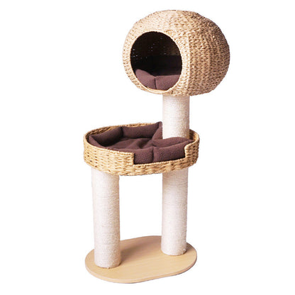 Traditional Farmhouse Round Multi-Layer Solid Wood Panel PE Faux Rattan Kraft Paper Rope Velvet Fabric Sisal Cat Tree 3-Tier For Living Room