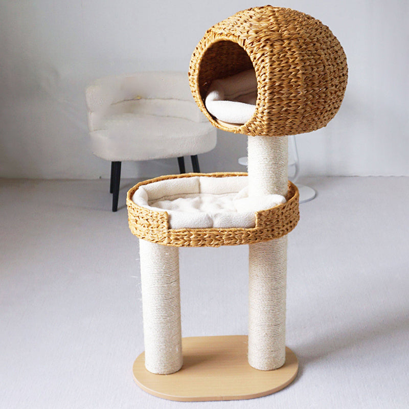 Traditional Farmhouse Round Multi-Layer Solid Wood Panel PE Faux Rattan Kraft Paper Rope Velvet Fabric Sisal Cat Tree 3-Tier For Living Room