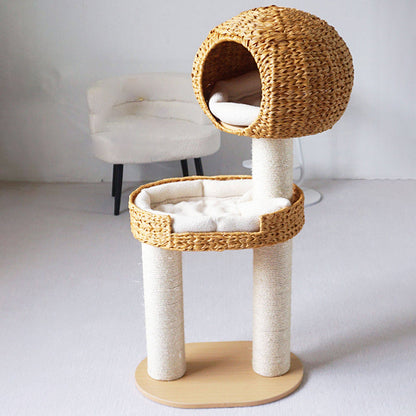 Traditional Farmhouse Round Multi-Layer Solid Wood Panel PE Faux Rattan Kraft Paper Rope Velvet Fabric Sisal Cat Tree 3-Tier For Living Room