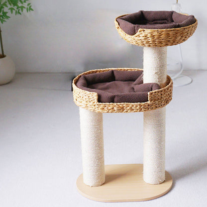 Traditional Farmhouse Round Multi-Layer Solid Wood Panel PE Faux Rattan Kraft Paper Rope Velvet Fabric Sisal Cat Tree 3-Tier For Living Room