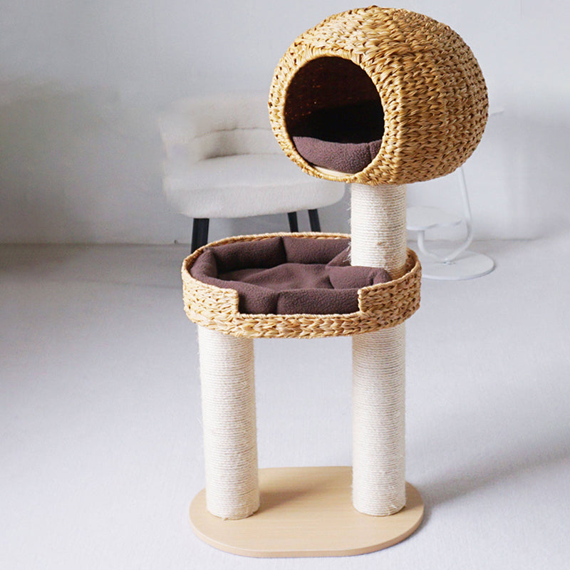 Traditional Farmhouse Round Multi-Layer Solid Wood Panel PE Faux Rattan Kraft Paper Rope Velvet Fabric Sisal Cat Tree 3-Tier For Living Room