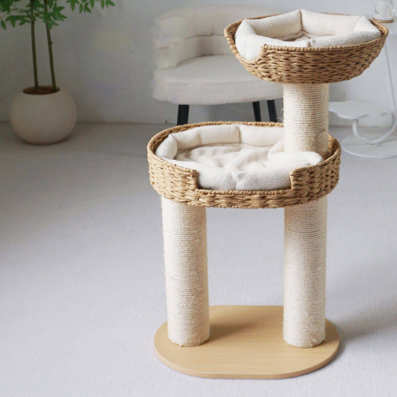 Traditional Farmhouse Round Multi-Layer Solid Wood Panel PE Faux Rattan Kraft Paper Rope Velvet Fabric Sisal Cat Tree 3-Tier For Living Room