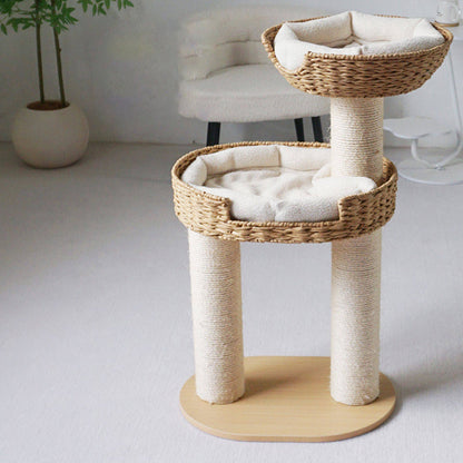Traditional Farmhouse Round Multi-Layer Solid Wood Panel PE Faux Rattan Kraft Paper Rope Velvet Fabric Sisal Cat Tree 3-Tier For Living Room