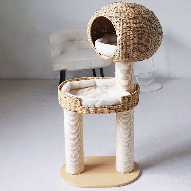 Traditional Farmhouse Round Multi-Layer Solid Wood Panel PE Faux Rattan Kraft Paper Rope Velvet Fabric Sisal Cat Tree 3-Tier For Living Room