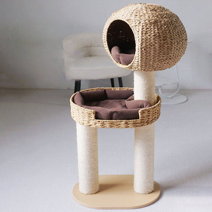 Traditional Farmhouse Round Multi-Layer Solid Wood Panel PE Faux Rattan Kraft Paper Rope Velvet Fabric Sisal Cat Tree 3-Tier For Living Room
