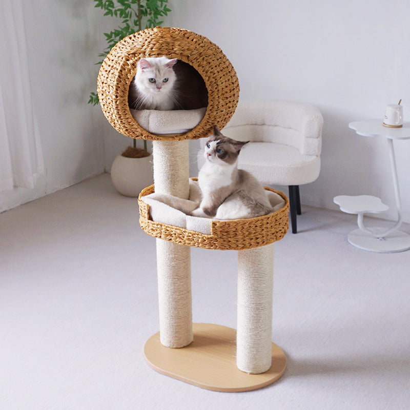 Traditional Farmhouse Round Multi-Layer Solid Wood Panel PE Faux Rattan Kraft Paper Rope Velvet Fabric Sisal Cat Tree 3-Tier For Living Room