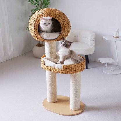 Traditional Farmhouse Round Multi-Layer Solid Wood Panel PE Faux Rattan Kraft Paper Rope Velvet Fabric Sisal Cat Tree 3-Tier For Living Room