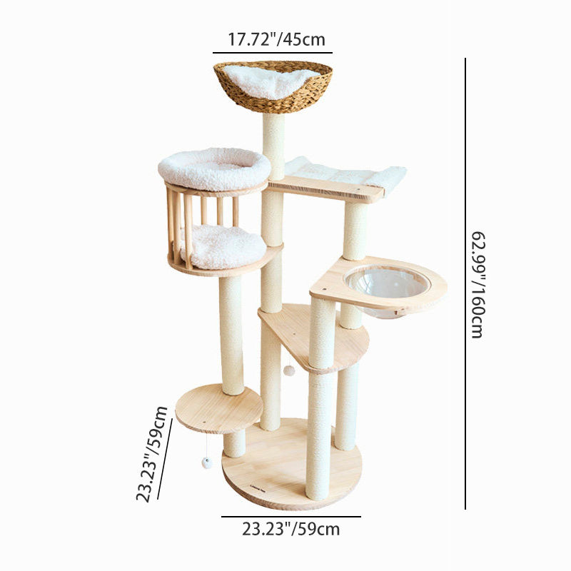 Contemporary Scandinavian Round Solid Pine Wood Faux Rattan Velvet Fabric Kraft Paper Rope Cat Tree 5-Tier For Living Room