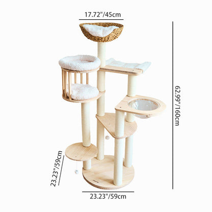 Contemporary Scandinavian Round Solid Pine Wood Faux Rattan Velvet Fabric Kraft Paper Rope Cat Tree 5-Tier For Living Room