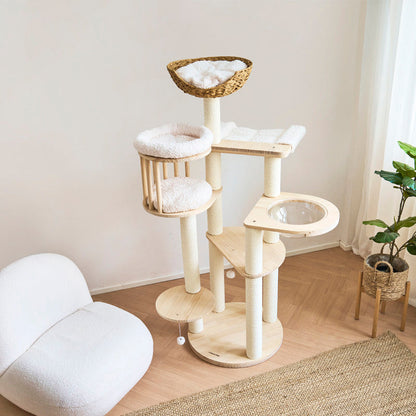 Contemporary Scandinavian Round Solid Pine Wood Faux Rattan Velvet Fabric Kraft Paper Rope Cat Tree 5-Tier For Living Room