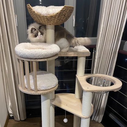 Contemporary Scandinavian Round Solid Pine Wood Faux Rattan Velvet Fabric Kraft Paper Rope Cat Tree 5-Tier For Living Room