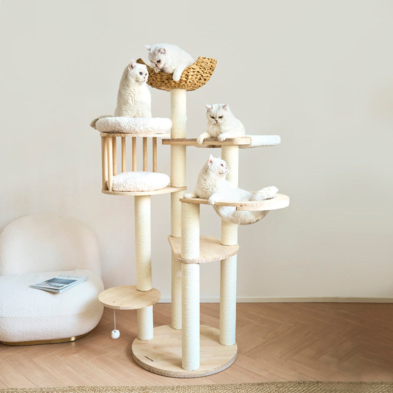 Contemporary Scandinavian Round Solid Pine Wood Faux Rattan Velvet Fabric Kraft Paper Rope Cat Tree 5-Tier For Living Room