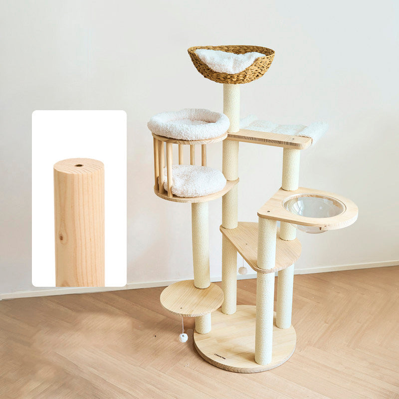 Contemporary Scandinavian Round Solid Pine Wood Faux Rattan Velvet Fabric Kraft Paper Rope Cat Tree 5-Tier For Living Room