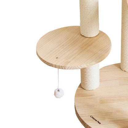Contemporary Scandinavian Round Solid Pine Wood Faux Rattan Velvet Fabric Kraft Paper Rope Cat Tree 5-Tier For Living Room